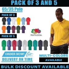 Pack of 5 & 3 Fruit of the Loom 65/35 Polo Plain Smart Casual Short Sleeve SS402