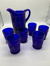 1980's L.G. Wwright Colbalt Blue Maple Leaf Water Pitcher and 6 Glasses