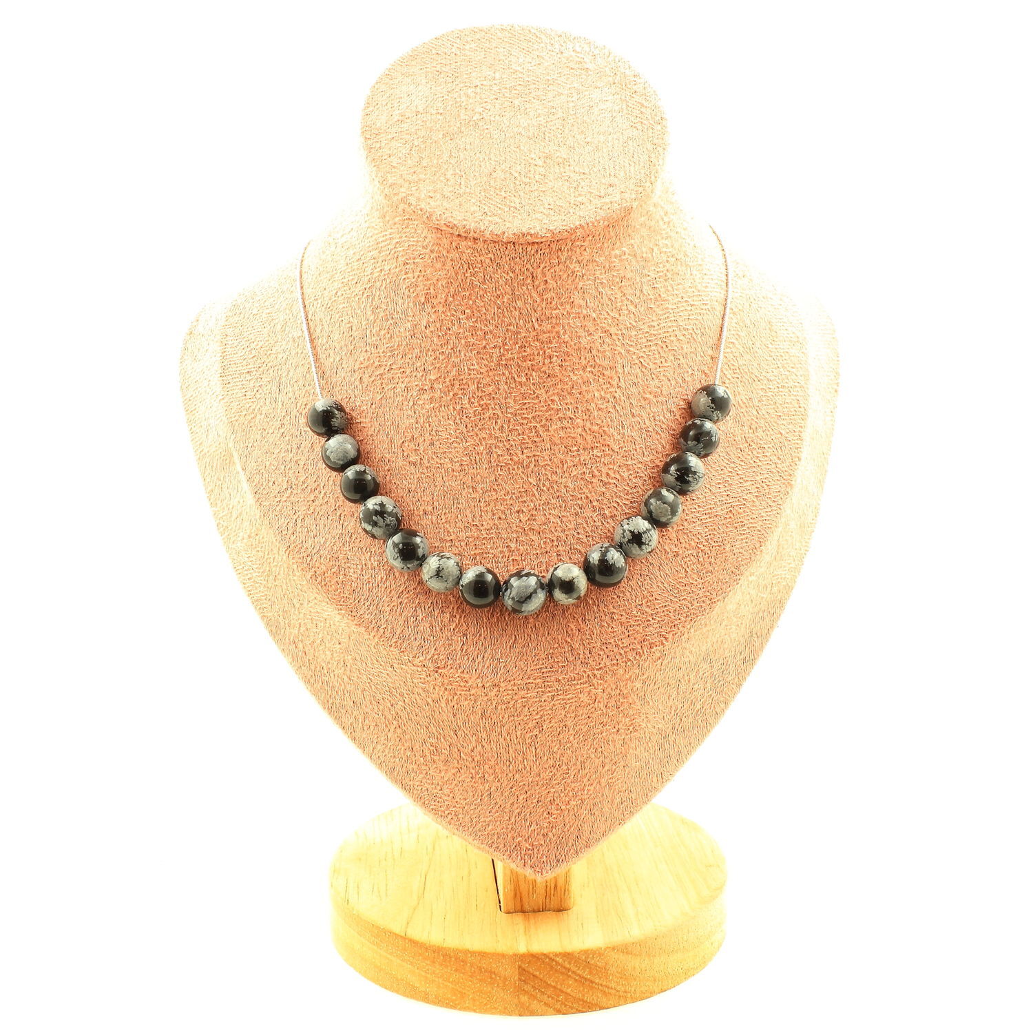 Collier obsidienne flocon de neige 8 mm, chaine acier bijoux femme tendance noir