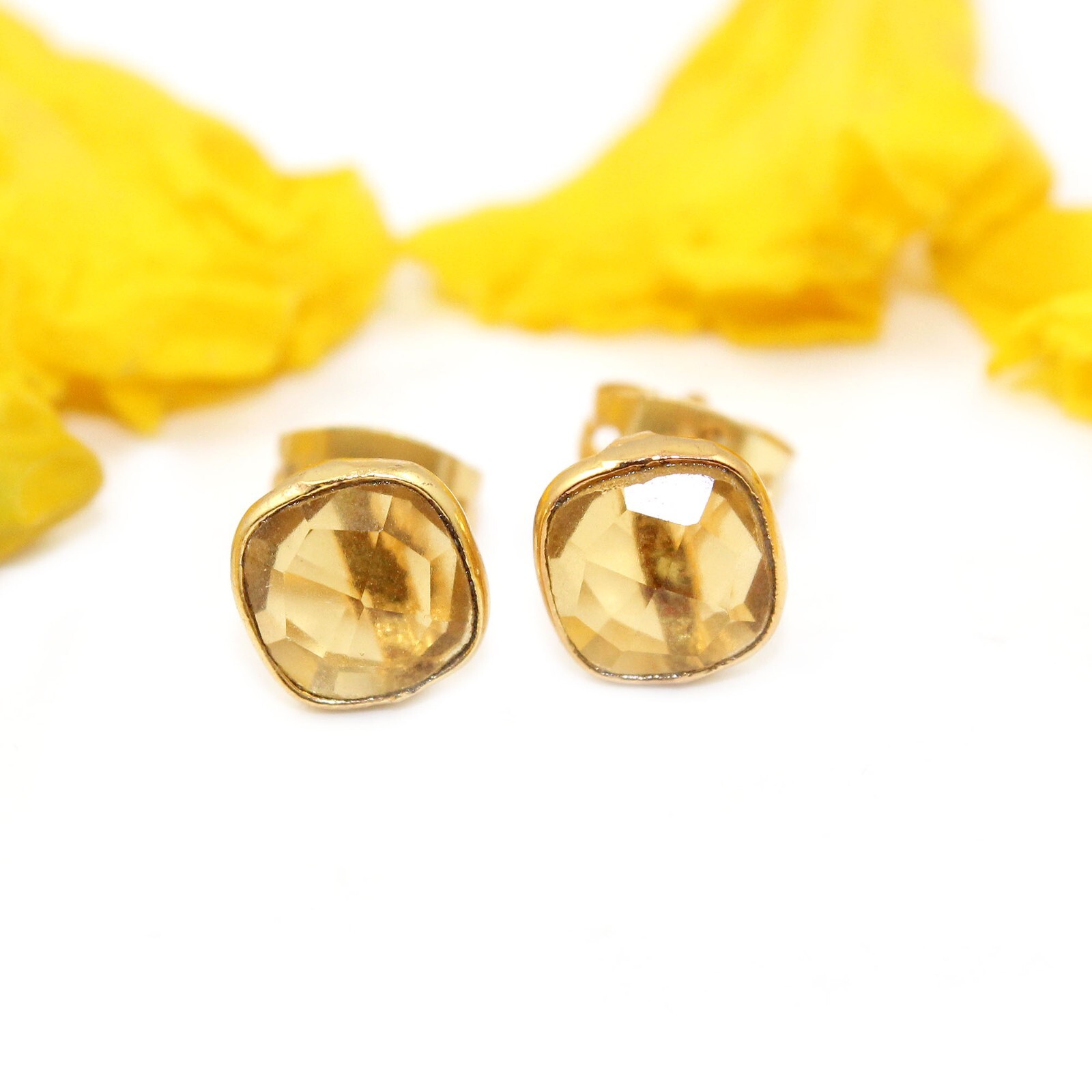Stunning Citrine Quartz Cushion Gold Plated Stud Earrings Gift for Her