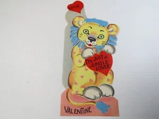 Vintage Valentine Card Die Cut ALion Holding Hear Jungle Lover C7693