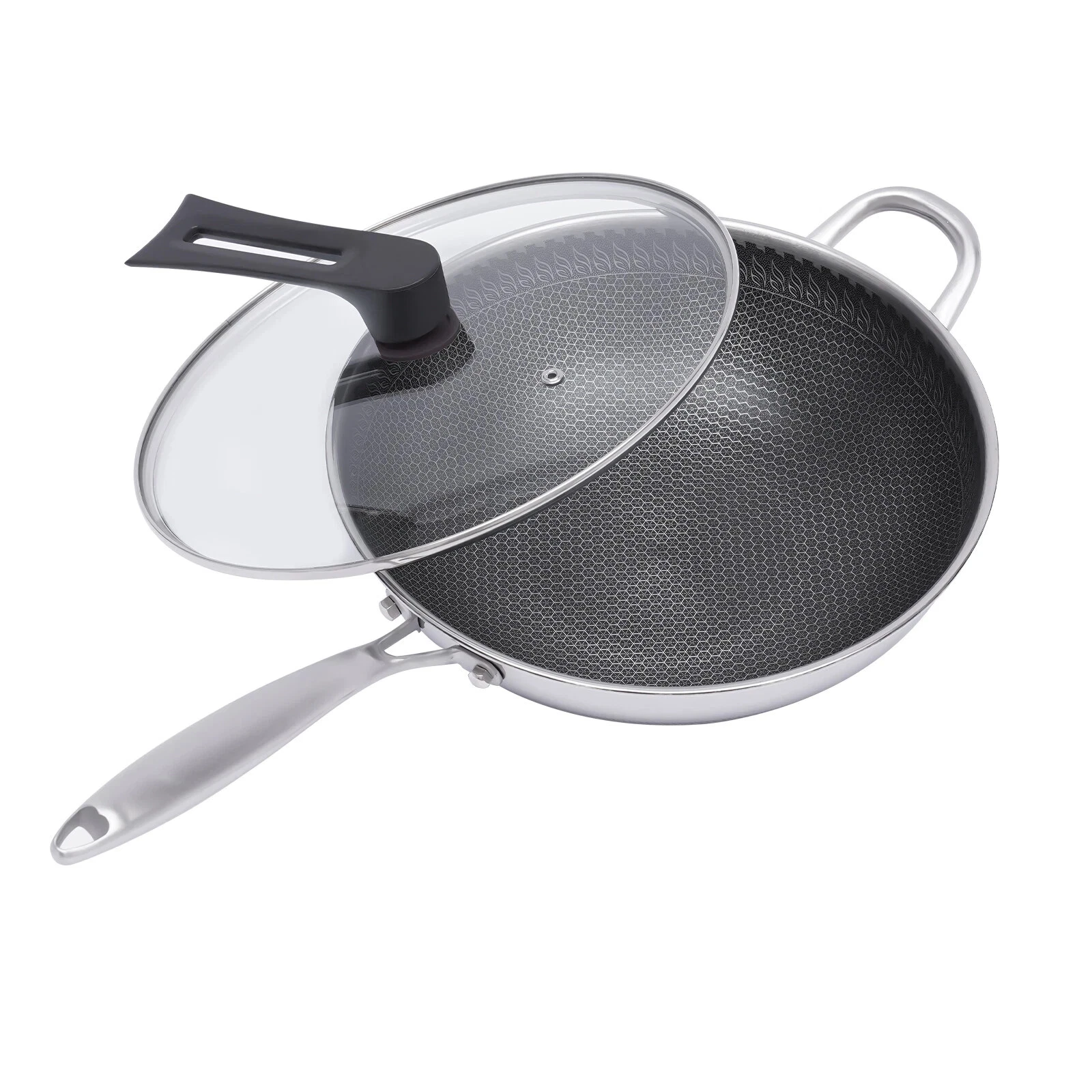 Honeycomb Coating Stainless Steel 12 Inch Wok Pan with Lid Woks & Stir-fry Pans