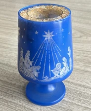 Vintage L.E. Smith Crystalites Nativity Scene Blue Glass Christmas Candle Holder