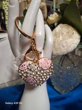 Gold Heart Crystal Keychain Bag Charm with Pink Rose Accents