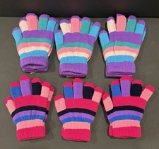6 Pairs Girls' Striped Colorful Childrens' Kids' Knit Winter Gloves One Size Lot
