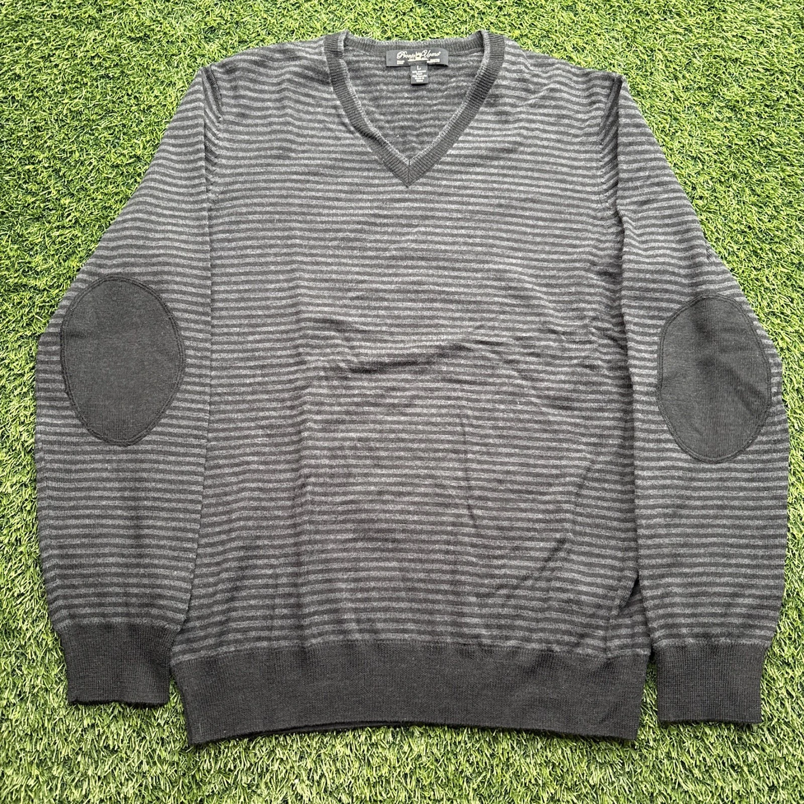 Pronto Uomo Merino Wool Sweater Mens Large L Black Stripes Elbow Pads