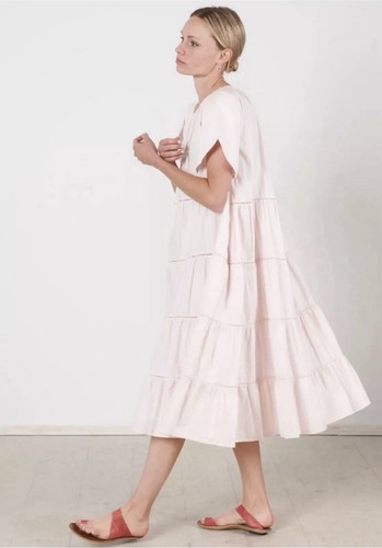 Merlette Petal Sleeve Tiered Midi Dress Pink Ruffled Flowy Cotton Relaxed Size S