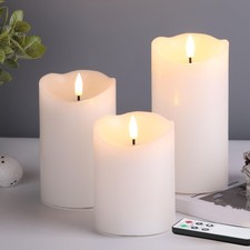 White Flickering Flameless LED Pillar Candles with Remote Set of 3