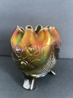 Antique Northwood Green Fine Cut & Roses Carnival Glass Three-Footed Rose Bowl