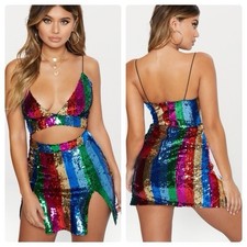 Pretty Little Thing Strappy Extreme Split Sequin Bodycon Dress Women’s Sz 6 S