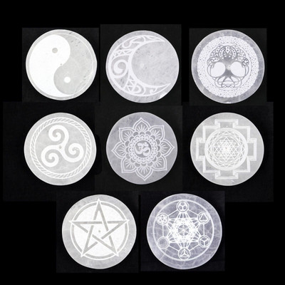 Selenite Charging Plate 4'' Engraved Crystal for Smudging & Decor