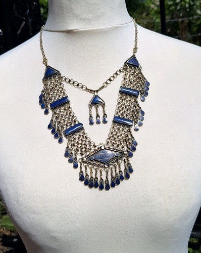 Vintage Afghan Lapiz Necklace White Metal Chain Design Statement Bib Style