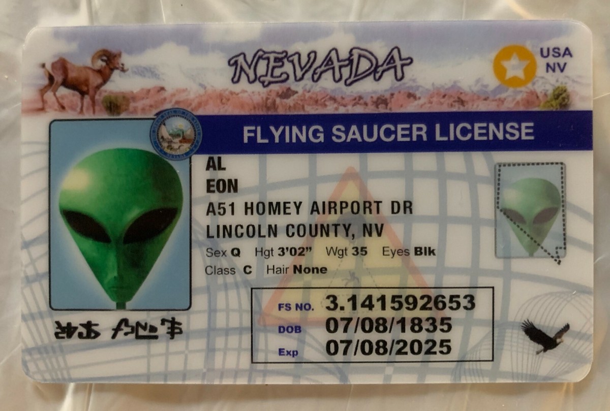 Alien AL Eon Nevada Flying Saucer License ID Card UFO Roswell Area