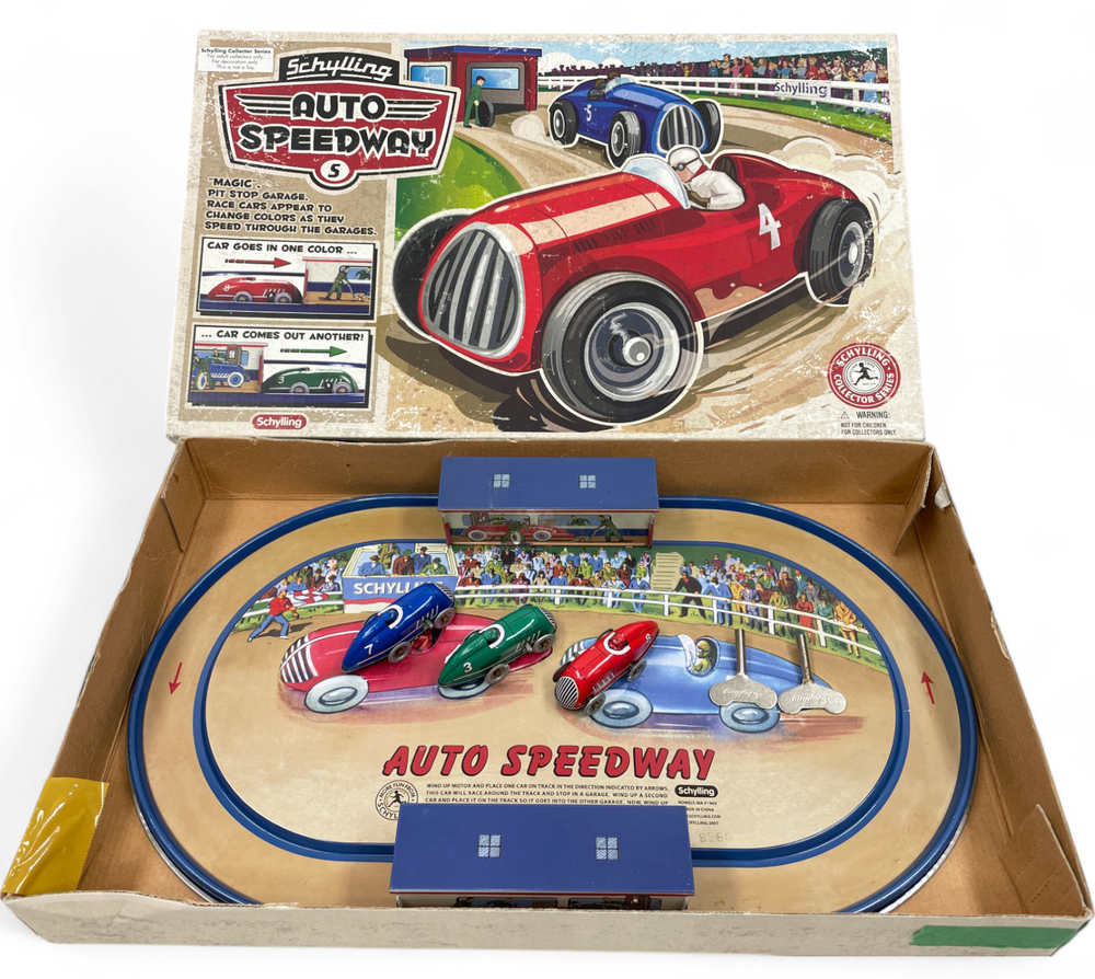 Schylling Auto Speedway Clockwork Windup Racing Race Car & Track Tin Toy Set