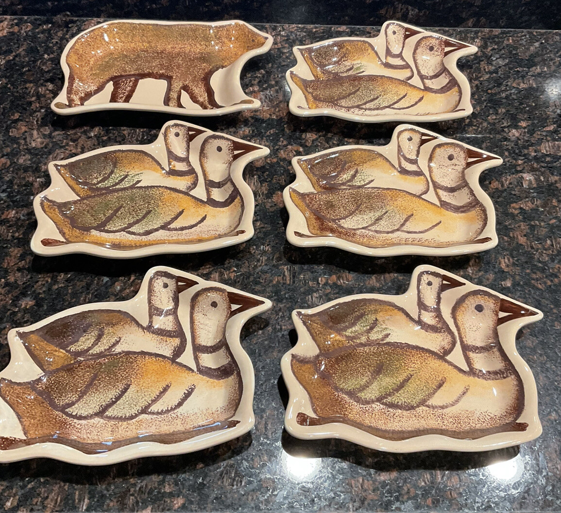 ClayArt Rustic Lodge Dinner / Trinket Plate (2) Bear Ducks ￼hand Painted 2010 EC