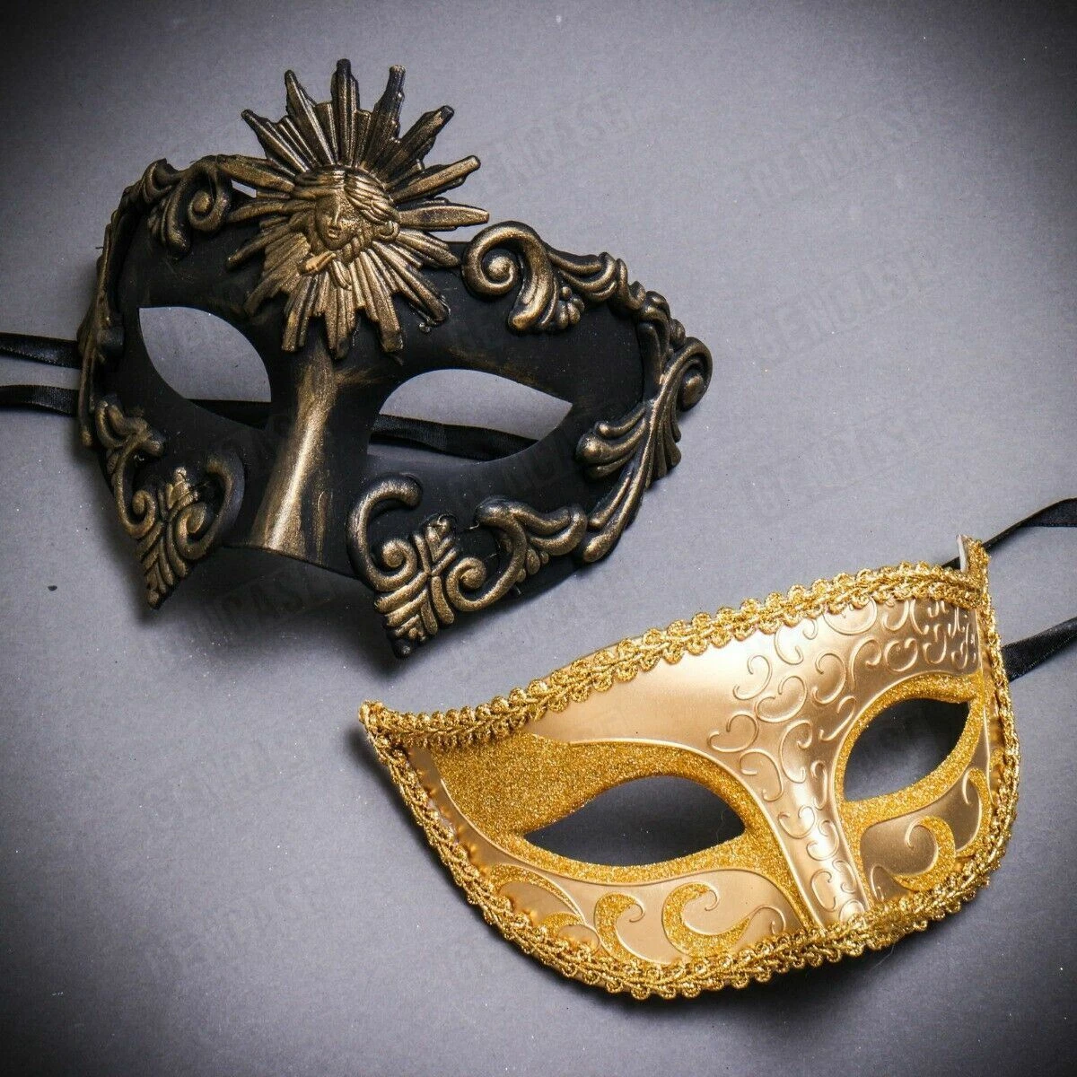 Party Couple Masks Masquerade His & Hers Black Gold Dance Prom Costume Masks