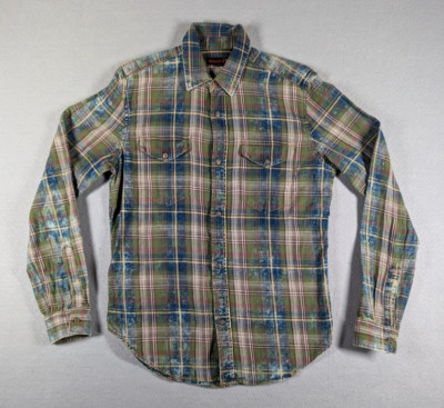 Wolverine Shirt Mens Size Small Blue Green Plaid Flannel Denim Wash Cowboy Chore