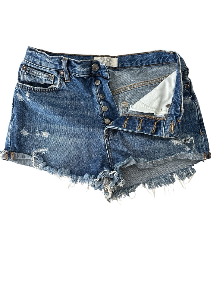 We The Free Jean Shorts Women 28 Blue Denim Distressed Cut Off Button