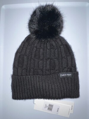 CALVIN KLEIN ​Faux Fur Pom Pom Rib Knit Beanie BLACK One  display picture 1