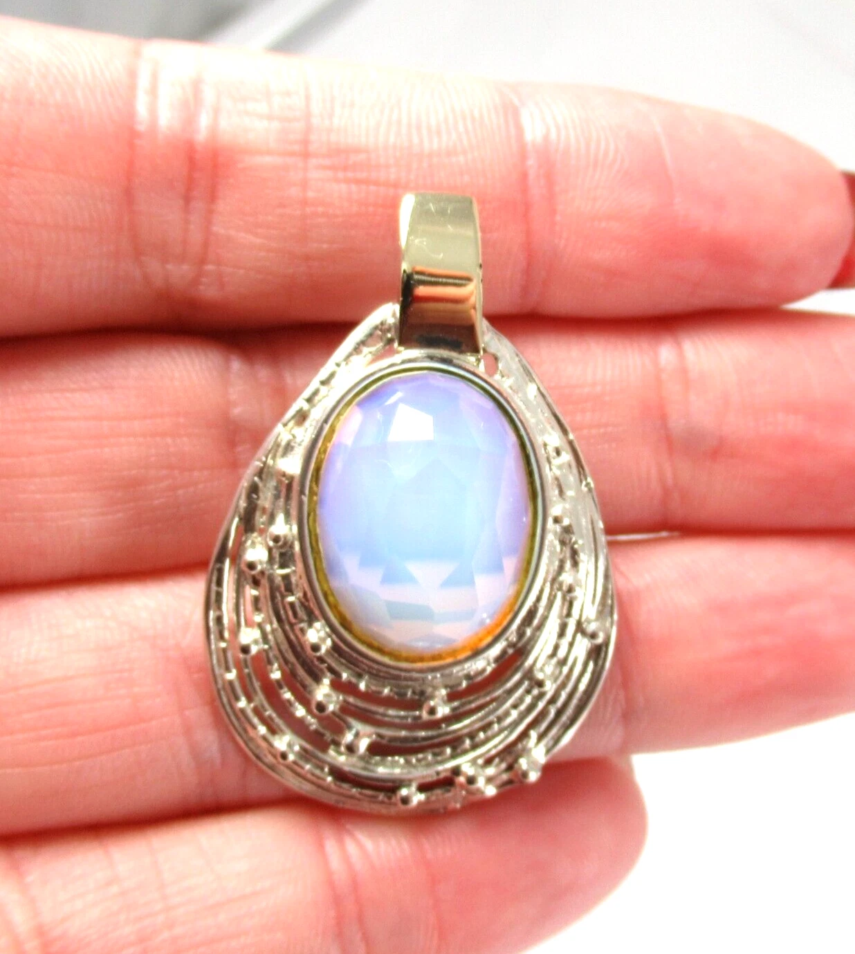 .925 Sterling Silver Art Glass Pendant Aurora Borealis 1.5" Milk Glass Statement