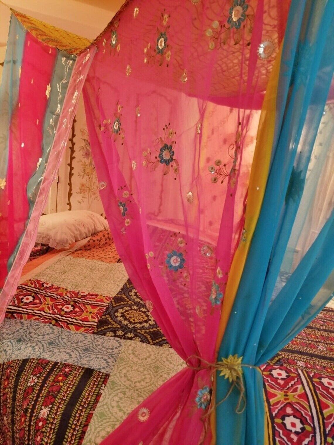 Indian Vintage Handmade Hippie Sari Silk Bed Canopy Curtain Drapes Room