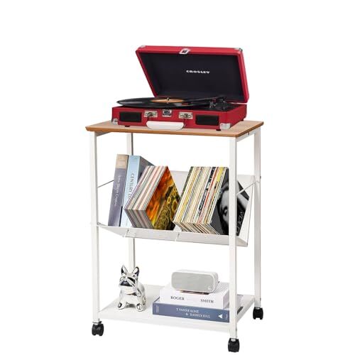 3-Tier Mobile Record Player Stand with Vinyl Storage in White-image