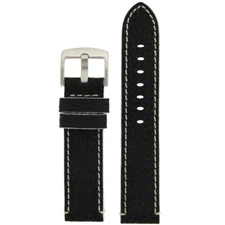 Long Watch Band Leather Black White Stitching Thick Sport Mens 20mm - 24mm