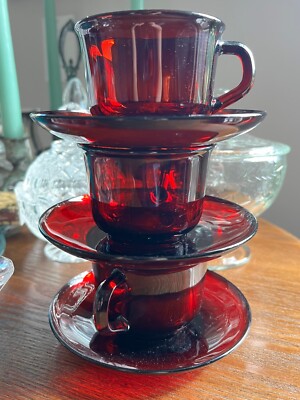 Vintage French Arcoroc Ruby Red Glass teacups and saucers
