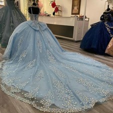 Light Blue 3D Floral Lace Quinceanera Dresses Ball Gown Illusion Bow Corset