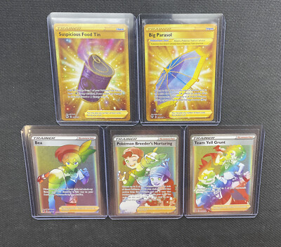 Pokemon SECRET RARE Gold Rainbow Cards (5) Trainer Bea Food Tin Parasol Grunt