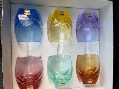 New in Box Moser Bar Double Old-Fashioned Multi Color Glass Tumbler Set 6 labels