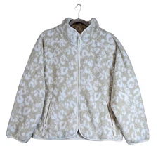 All in Motion Animal Print Sherpa Jacket Ivory Beige M Relaxed Zip Up Casual
