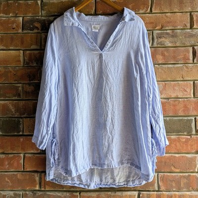 Sigrid Olsen Womens Blue 100% Linen V-Neck Tunic Top 3/4 Sleeve Size M Coastal