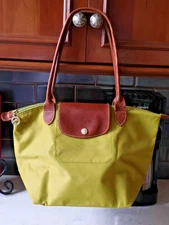 Grass Green Longchamp Le Pliage SMALL Long  HANDLE Nylon Tote Holes 14" x 9"
