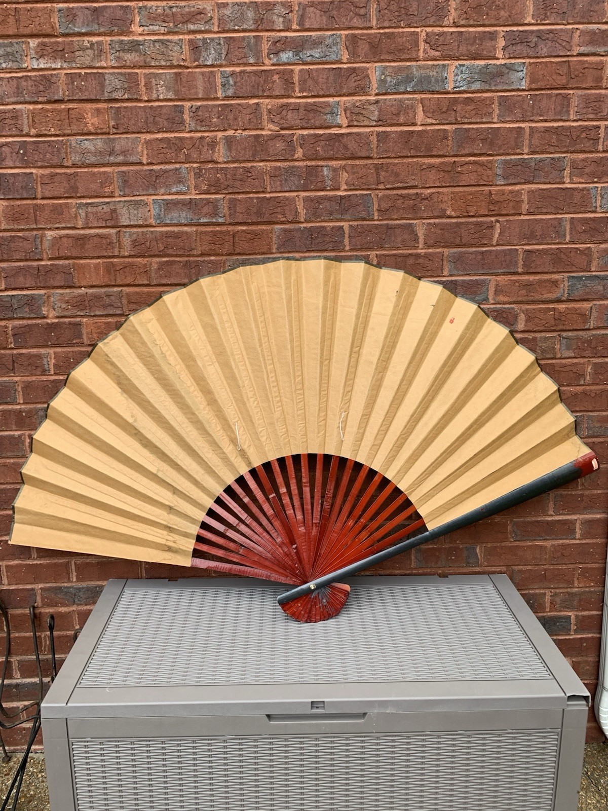 RARE 68” VTG Gilt Asian Wall Fan Handpaint Peacock Gold Leaf Black Monture Birds