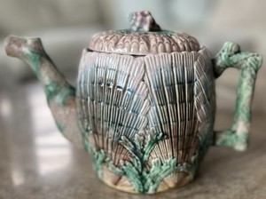 Majolica teapot in 'Shell and Seaweed' pattern by Griffen, Smith and Hill
