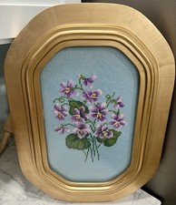 Vintage Needlepoint Purple Pansies On Blue Background, Gold Frame, 22.5  x 15.5  