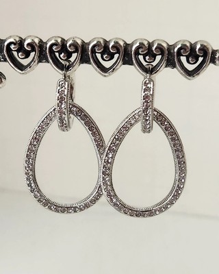 Vintage Signed N Nadri Cubic Zirconia CZ Pave Double Hoop Pierced Drop Earrings 
