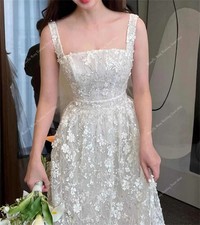 Spaghetti strap Lace A-line White Wedding Dresses Sleeveless Floor Length Bridal