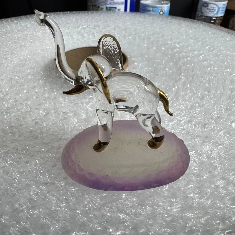 Vintage Clear Glass Elephant Figurine Gold Accents on Purple Frosted Glass Base - Image 4 of 4