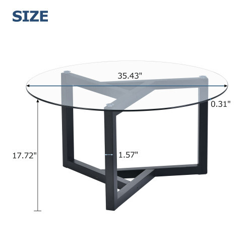Black On-trend Round Glass Coffee Table Modern Tempered Glass Top Wood Base - Picture 8 of 12
