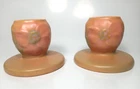 1930s Vintage Weller Art Pottery Wild Rose 2 Short Candle Holders Peach 2.5"