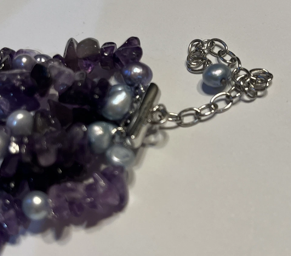 Purple Amethyst 7 Strand Layered Necklace With Pearls 17”-20” - Image 4 of 4