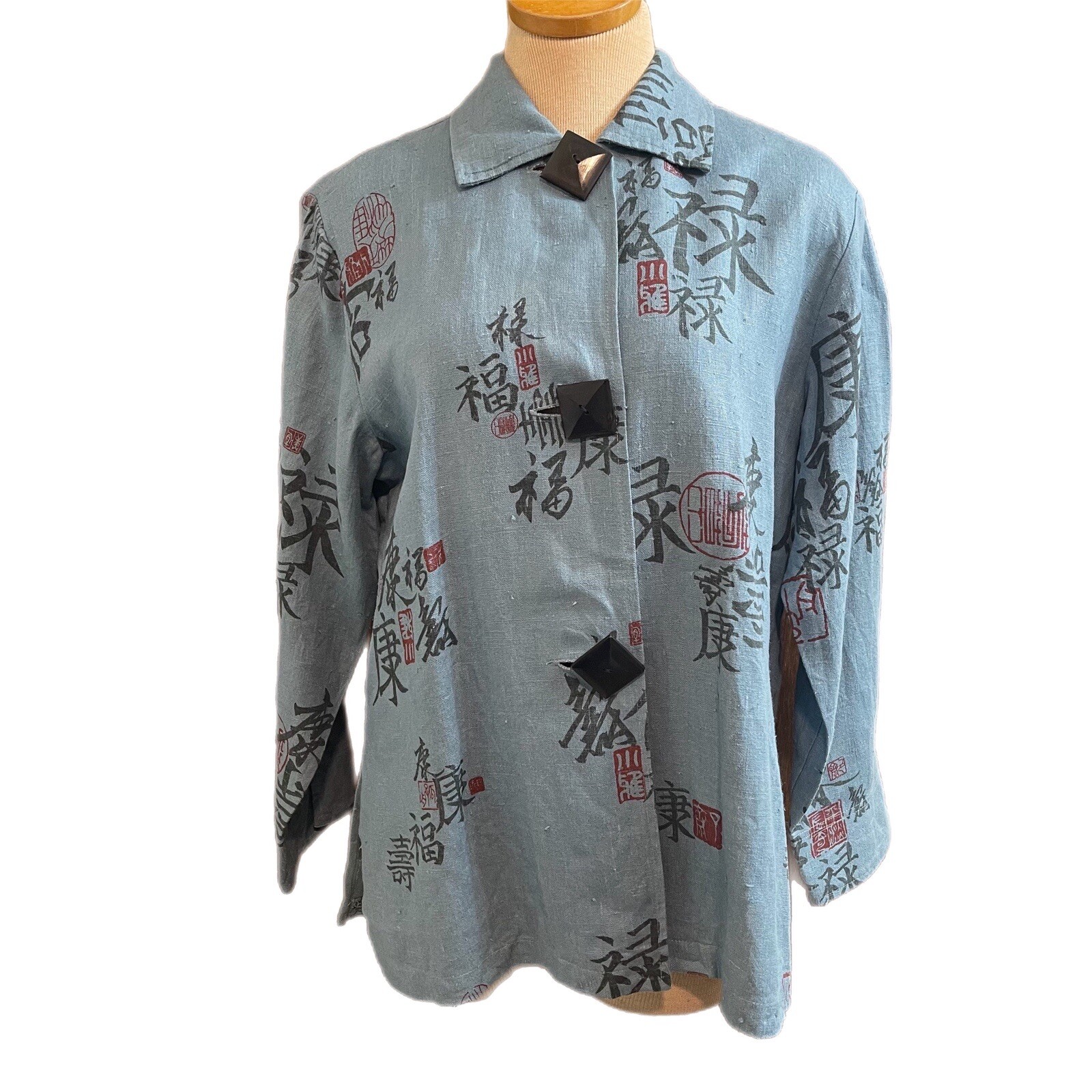 Giacca pony dipinta colletto blu asiatico arte da indossare Lagenlook bottoni grandi taglia S