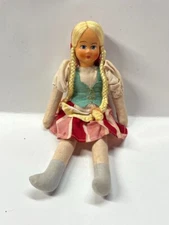 Vintage Polish Cloth Rag Doll Blonde Braids 12" Poland