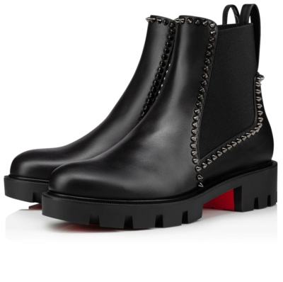 Christian Louboutin Out Lina Spike Lug Flat Black Calf Chelsea
