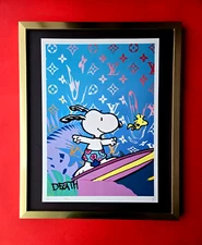 🔥Death NYC Large Framed 16x20in Pop Art Hand Signed SNOOPY WOODSTOCK SURFER COA