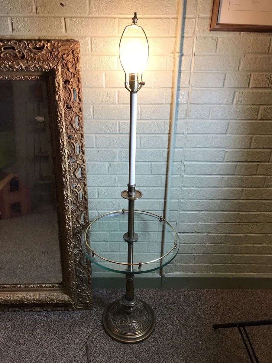 VTG STIFFEL FLOOR LAMP WITH GLASS TABLE BRASS HEAVY 54 X 17 X 17