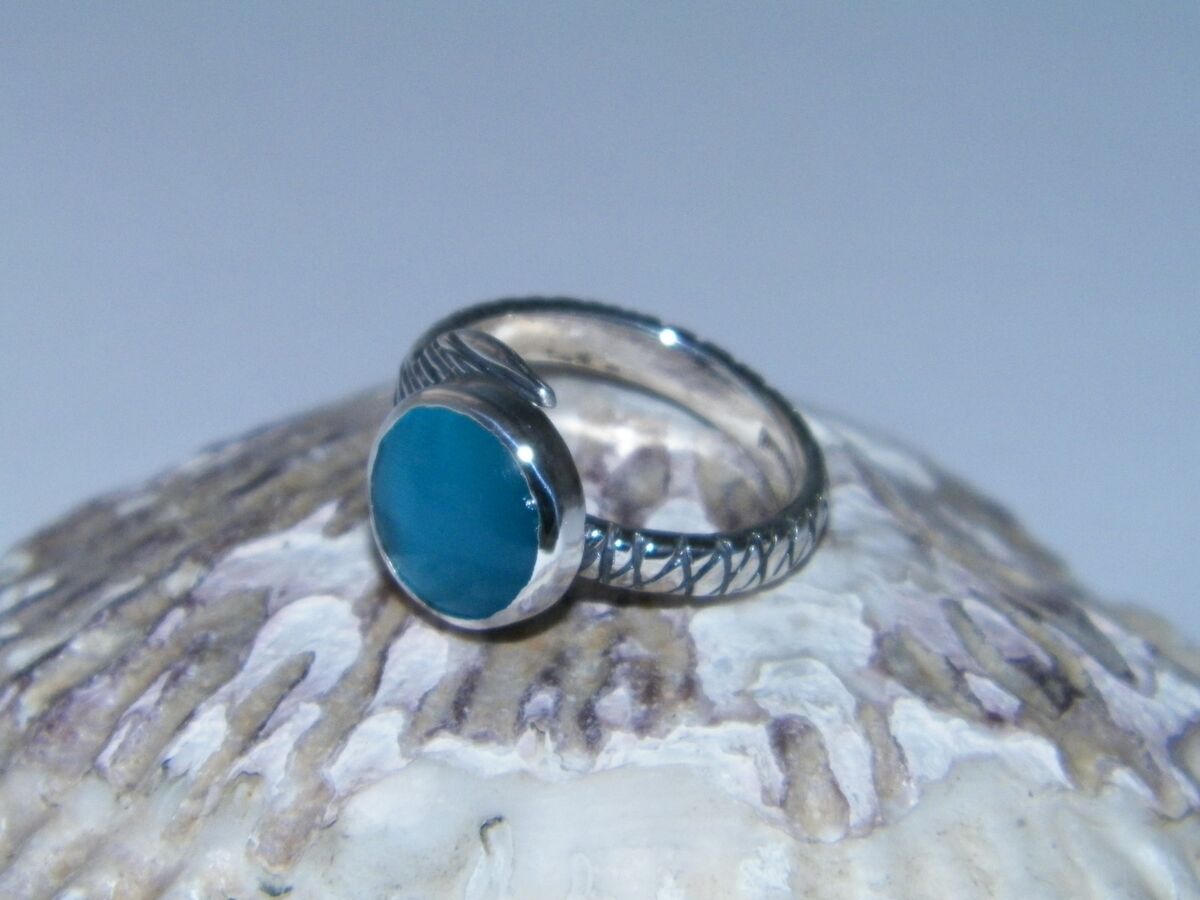 Hand Made H2O Just Add Water Mermaid Tail Ring Dark Blue Cabochon 10mm  925Silver