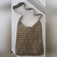 Crochet Shoulder Bag Tan w/Gold Threading Boho Hippie Prairie Beach Travel